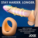 The JOCK Silicone Cock & Ball Ring Light Skin Tone features a body-safe, stretchy design and an animated illustration of a penis with motion lines, highlighting comfort and support to help you “stay harder, longer” during extended sessions.