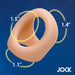 The JOCK Silicone Cock & Ball Ring in light skin tone is displayed against a blue background, featuring soft silicone with rounded edges. Yellow measurements show its body-safe sizes: 1.5", 1.4", and 1.1". "JOCK" appears in white at the bottom right.