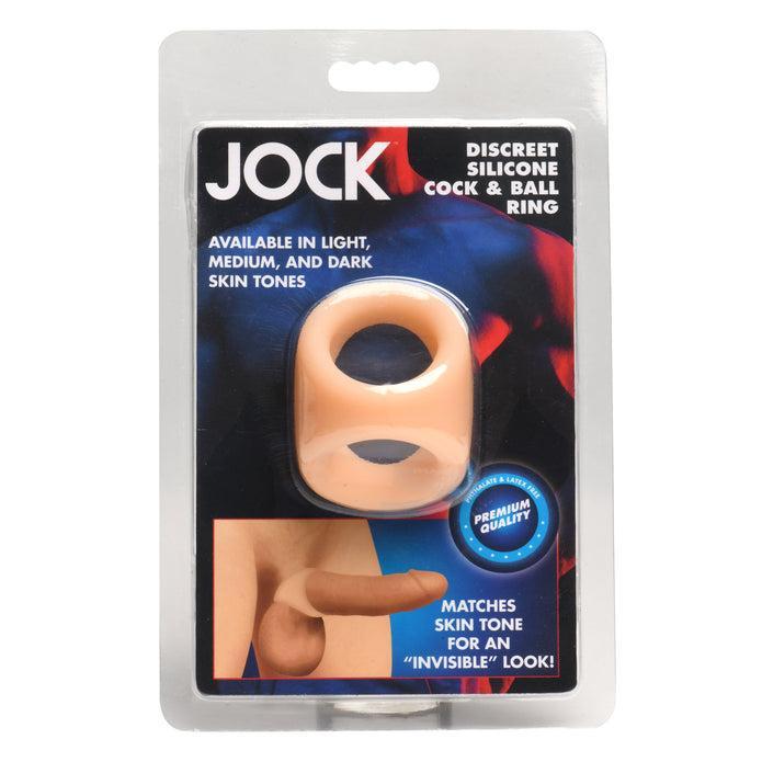 The JOCK Silicone Cock & Ball Ring in Light Skin Tone offers discreet, body-safe erection support. Packaged for privacy, it matches skin for an "invisible" look.