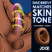 Illustration of the JOCK Silicone Cock & Ball Ring Medium Skin Tone at the base of a penis, with glowing effects. Text: "Discreetly matches skin tone. 'Invisible' look! Jock." A brown ring shown on the side for erection support.