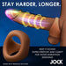Digital illustration of a penis wearing the JOCK Silicone Cock & Ball Ring Medium Skin Tone, featuring glowing rings for enhanced sensation. Text: "Stay harder, longer—super stretchy for ultimate comfort and lasting support!.