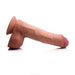 A Jock Uncut Dual Density Silicone 8.7 Inch Dildo with Balls - Vanilla from Curve Toys made from body safe silicone features lifelike details, including veins and a scrotum at one end. With its dual density construction and suction cup base for hands-free use, the dildo is positioned horizontally against a white background.