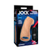 A retail box for the "Jock Vibrating Penis Sleeve and Support with Remote - Caramel" shows the sleeve and remote, highlighting it as a powerful couples toy with 3 speeds, 7 vibration patterns, and USB rechargeability.
