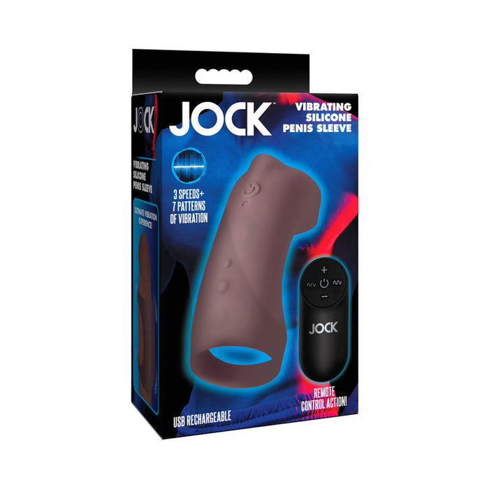 The Jock Vibrating Penis Sleeve and Support with Remote - Chocolate is packaged to showcase its body-safe silicone design, 3 speeds, 7 vibration patterns, USB rechargeability, and remote-control operation.