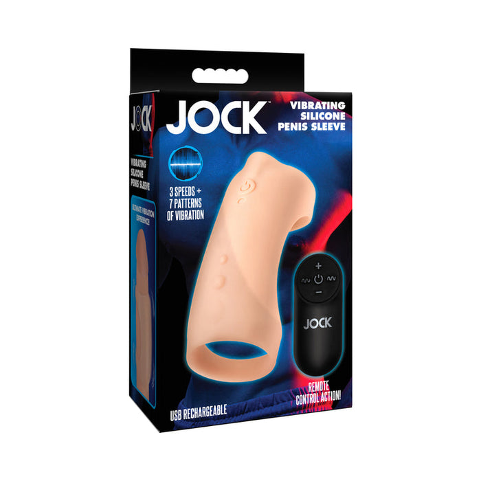 A retail box for the Jock Vibrating Penis Sleeve and Support with Remote - Vanilla, featuring an image of the sleeve and remote. The packaging highlights body-safe silicone, 3 speeds, 7 vibration patterns, and USB rechargeability.