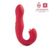 Introducing the Joi App Controlled Thrusting Vibrator With Tongue by Honey Play Box - a sleek red, J-shaped adult toy designed with a smooth texture and elegant curved design for enhanced pleasure. This app-enabled vibrator boasts thrusting G-spot capabilities and features text reading "APP-ENABLED FOR MORE INTERACTIVE FUNCTIONS," with icons that highlight app connectivity and control functions.