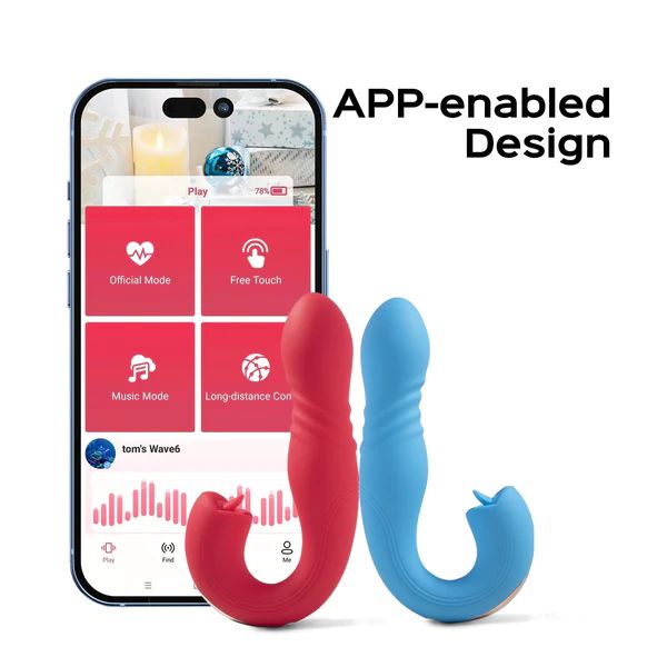 Image shows a smartphone with an app displayed on the screen featuring various control modes labeled "Official Mode," "Free Touch," "Music Mode," and "Long-distance Control." In front of the phone, there are Honey Play Box's Joi App Controlled Thrusting Vibrators With Tongue in red and blue. Text reads "APP-enabled Design.