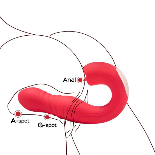 An anatomical illustration depicts the Honey Play Box Joi App Controlled Thrusting Vibrator With Tongue – Red, a C-shaped sex toy designed for anal and G-spot stimulation with thrusting capabilities. The toy is shown within a transparent outline of a human body, with labels indicating the A-spot, G-spot, and anal area for reference.