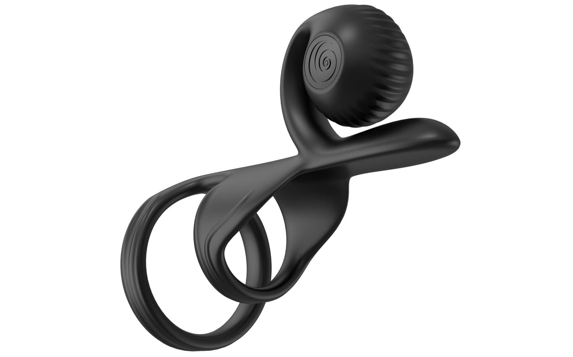 The Jovi Constant Contact Vibrating Couples Cock Ring with Remote is a sleek, black silicone ring featuring a textured circular attachment and a minimalist design with smooth curves and a rolling ball.