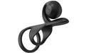The Jovi Constant Contact Vibrating Couples Cock Ring with Remote is a sleek, black silicone ring featuring a textured circular attachment and a minimalist design with smooth curves and a rolling ball.