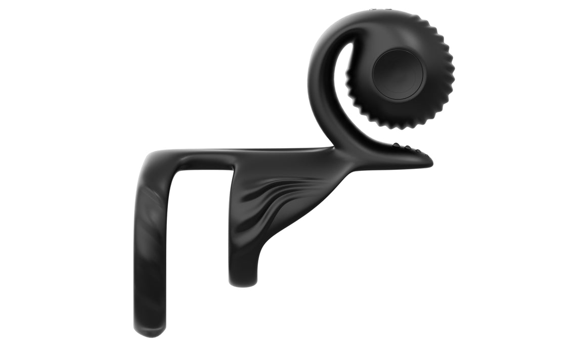 The Jovi Constant Contact Vibrating Couples Cock Ring with Remote is a sleek, abstract black sculpture featuring a swirling, curved design like a rolling ball. Its looped top and base resemble a stylized human figure profile, and its surface has subtle texture variations that add depth.