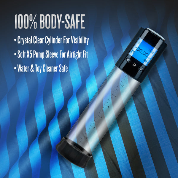 The Performance VX10 Automatic Penis Pump with Smart Pressure Control is shown on a blue striped background, featuring a body-safe design, crystal clear cylinder with measurement markings, airtight fit, and sexual performance benefits.