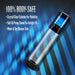 The Performance VX10 Automatic Penis Pump with Smart Pressure Control is shown on a blue striped background, featuring a body-safe design, crystal clear cylinder with measurement markings, airtight fit, and sexual performance benefits.