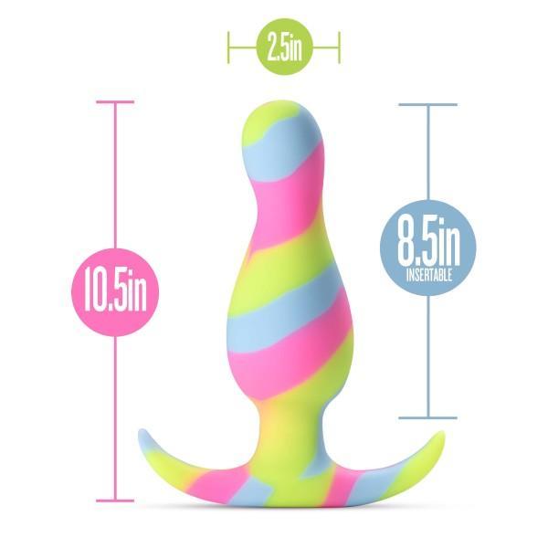Introducing the Kaleido Silicone Beginner's Butt Plug by Blush: a multicolored, striped sex toy crafted from platinum-cured silicone. It stands at 10.5 inches tall, with an insertable length of 8.5 inches and a width of 2.5 inches. Its design features a tapered shape, flared base, and curved handle—perfect for anal beginners and easy to clean. Available in vibrant colors: pink, green, blue, and yellow.