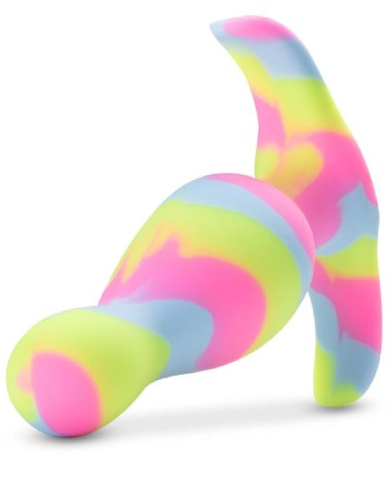 The Kaleido Silicone Beginner's Butt Plug by Blush is a silicone toy with an abstract, multicolored design featuring blends of pink, yellow, blue, and green. Made from premium platinum-cured silicone, it has a curved, ergonomic shape with a smooth, seamless surface perfect for anal beginners. Plus, it's easy to clean.
