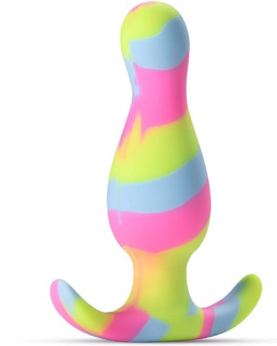 The Kaleido Silicone Beginner's Butt Plug by Blush is a colorful silicone butt plug with a curved base for easy handling, ideal for anal beginners. Made from smooth, platinum-cured silicone, it features bright swirls of pink, green, blue, and yellow. Its ergonomic design ensures comfort and pleasure while being easy to clean.