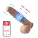 An advertisement image showing a beige Kenzo Thrusting Large 9.5" Realistic App Controlled Dildo with a suction cup, a measurement indicator of 1.18 inches, and Bluetooth connectivity features to a smartphone app by Honey Play Box.