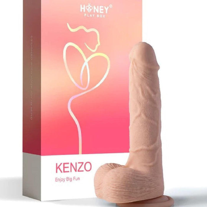 A realistic, Bluetooth-enabled Honey Play Box Kenzo Thrusting Large 9.5" Realistic App Controlled Dildo next to a pink product box labeled "Honey Play Box Kenzo Enjoy Big Fun" with a minimalist heart and flower design in subtle shades.