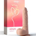 A realistic, Bluetooth-enabled Honey Play Box Kenzo Thrusting Large 9.5" Realistic App Controlled Dildo next to a pink product box labeled "Honey Play Box Kenzo Enjoy Big Fun" with a minimalist heart and flower design in subtle shades.