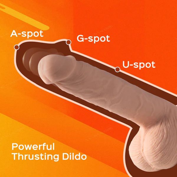 Illustration of a realistic thrusting dildo labeled with its impact points: A-spot, G-spot, and U-spot. The background is a gradient of orange shades. The text "Kenzo Thrusting Large 9.5\" Realistic App Controlled Dildo by Honey Play Box" is written in bold white letters at the bottom left of the image.