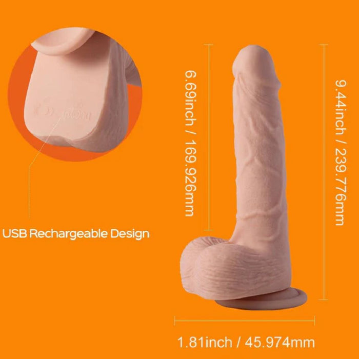 The image features a Kenzo Thrusting Large 9.5" Realistic App Controlled Dildo from Honey Play Box on an orange background, highlighting its USB rechargeable design and size measurements.