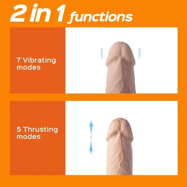 An advertisement for the Honey Play Box Kenzo Thrusting Large 9.5" Realistic App Controlled Dildo featuring two images. The top image highlights "7 Vibrating Modes" with wavy lines illustrating vibration, while the bottom image showcases "5 Thrusting Modes" with arrows indicating thrusting motion. Crafted from body-safe silicone for your peace of mind.