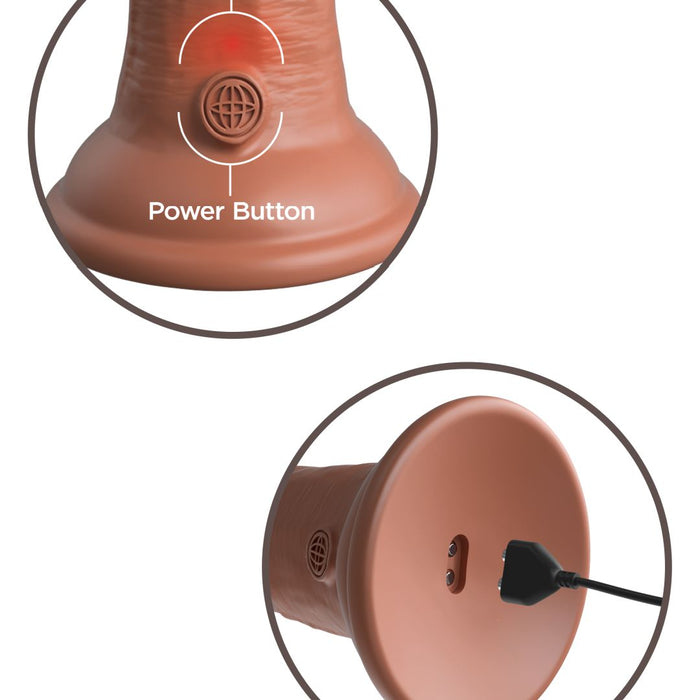 Two views of a caramel-colored King Cock Elite 6" Vibrating Silicone Dual Density Dildo, featuring a Phthalate-Free Body Safe silicone exterior, with a power button and LED indicator on the top, and an external USB magnetic charging cable.