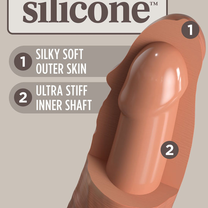 Display of a King Cock Elite 6" Vibrating Silicone Dual Density Dildo - Caramel from Pipedream Products, highlighting its silky soft outer skin and ultra-stiff inner shaft features, with the added benefit of being Phthalate-Free Body Safe.