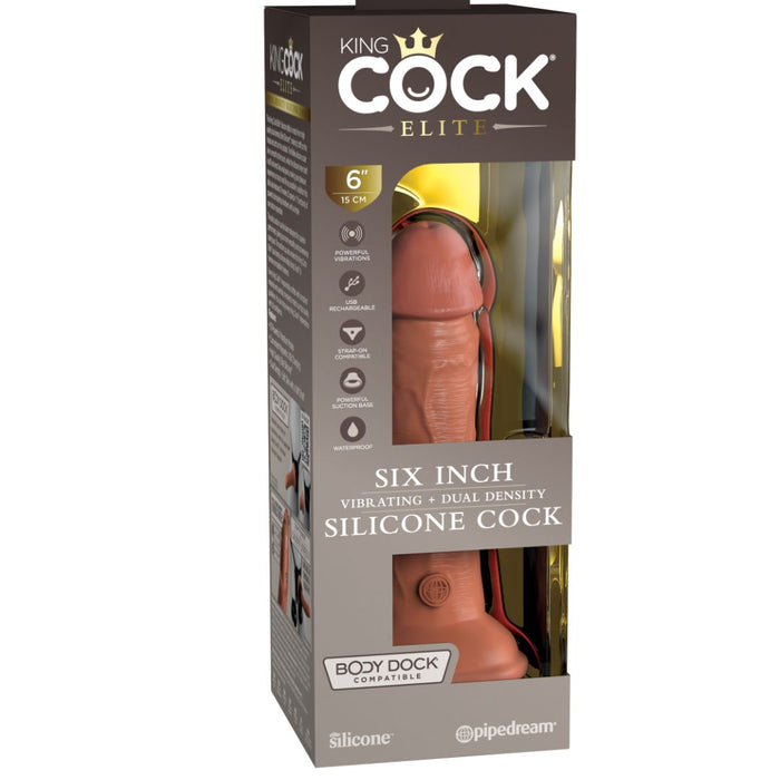 A Pipedream Products packaging of the King Cock Elite 6" Vibrating Silicone Dual Density Dildo - Caramel, featuring a six-inch vibrating dual-density silicone dildo, presented in a box with a clear plastic front showcasing the item. The packaging includes various product features such as
