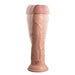 The King Cock Elite 9" Vibrating Silicone Dual Density Dildo with Remote by Pipedream Products is a vanilla-colored, cylindrical object resembling a penis with a realistic texture and a round base. Made from dual density silicone, its tip appears to be in motion, creating a blurred effect to indicate movement.
