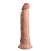 The King Cock Elite 9" Vibrating Silicone Dual Density Dildo with Remote from Pipedream Products is a realistic-looking, vanilla-colored dildo featuring dual density silicone. It stands upright with a defined head and textured surface, while its base is a flat suction cup providing stability.