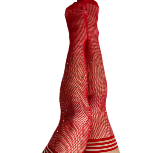 Kix'ies Joely Red Fishnet with Rhinestones Thigh Highs (sizes A-D)