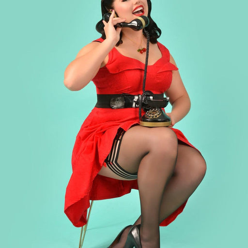 Kix'ies Taylor Silky Sheer Black Fishnet Thigh Highs (sizes A-D) on pinup model