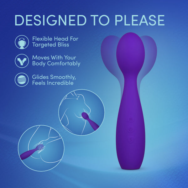 The Velvet High Versatile Internal or External Vibrator with Flexible Neck is displayed on a blue background. Text highlights its flexible head, body comfort, and smooth gliding for targeted clitoral stimulation and full-body use.