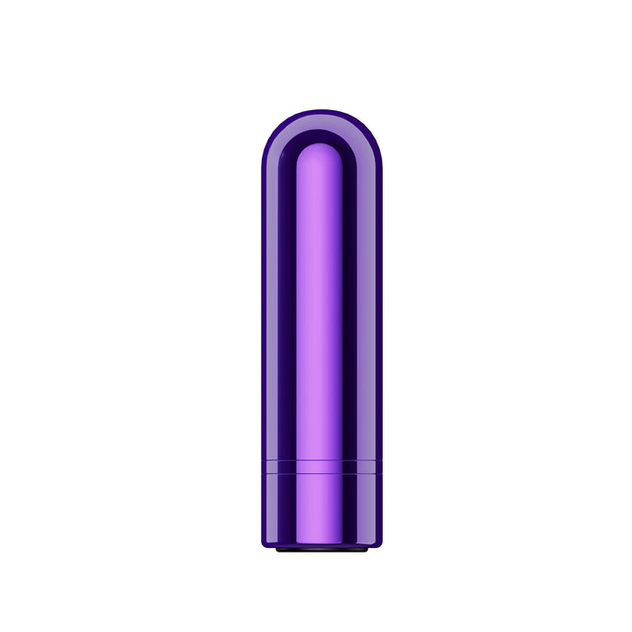 The Blush Kool Vibes Rechargeable Mini Bullet in purple is a shiny, cylindrical object featuring a smooth, reflective surface and a rounded top. The bottom of the device has a slight demarcation line, indicating it might have a cap or detachable part. This USB rechargeable bullet vibe offers 5 speeds for versatile use and is presented against a plain white background.