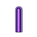 The Blush Kool Vibes Rechargeable Mini Bullet in purple is a shiny, cylindrical object featuring a smooth, reflective surface and a rounded top. The bottom of the device has a slight demarcation line, indicating it might have a cap or detachable part. This USB rechargeable bullet vibe offers 5 speeds for versatile use and is presented against a plain white background.