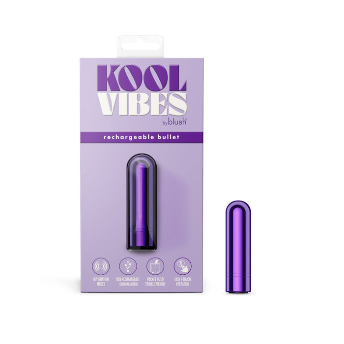 Image of a product package for the "Kool Vibes Rechargeable Mini Bullet - Purple" by Blush. The package features the rechargeable mini bullet vibe in purple and highlights features such as 10 vibration modes, USB rechargeable, and a body-safe travel-friendly design. The product is prominently displayed in a clear window.