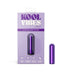 Image of a product package for the "Kool Vibes Rechargeable Mini Bullet - Purple" by Blush. The package features the rechargeable mini bullet vibe in purple and highlights features such as 10 vibration modes, USB rechargeable, and a body-safe travel-friendly design. The product is prominently displayed in a clear window.