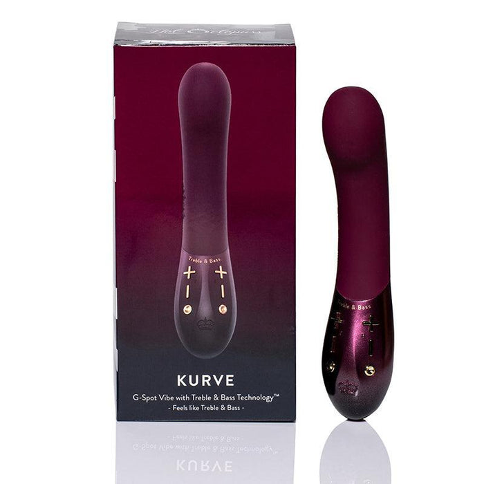 A burgundy-colored Kurve Dual Motor G-Spot Vibrator by Hot Octopuss stands next to its matching box. The customizable device features control buttons labeled "Treble" and "Bass" with plus and minus symbols. Its sleek design is highlighted, and the box showcases an image of the waterproof sex toy along with its specifications.