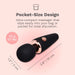 The Le Wand Micro Powerful Pocket Sized Wand, shown in black and rose gold on a pink background, features deep rumbly vibrations, weighs just 42g (0.1 lbs), and measures 3.9" x 1.2" (10 cm x 3 cm).