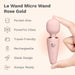 A hand holds the Le Wand Micro Powerful Pocket Sized Wand in pink. Features include deep rumbly vibrations, rechargeable, sleek and pocket-size design, travel-friendly, and always ready to use.