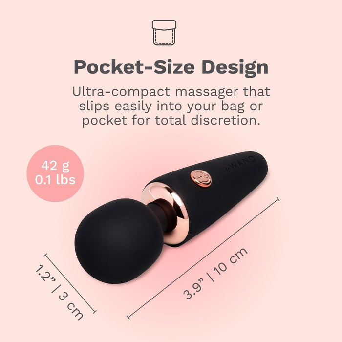 The Le Wand Micro Powerful Pocket Sized Wand, shown in black and rose gold on a pink background, features deep rumbly vibrations, weighs just 42g (0.1 lbs), and measures 3.9" x 1.2" (10 cm x 3 cm).