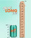 A playful comparison of height between a CalExotics Boundless AC/DC 13 Inch Slim Double Dildo - Yellow and a wooden ruler, inviting the viewer to guess "how long is it?" against a retro turquoise polka dot background.