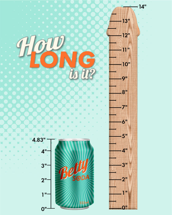 A colorful graphic comparing the height of a Boundless AC/DC 13 Inch Slim Double Dildo - Black to a wooden ruler, playfully challenging the viewer with the text 'how long is it?' by CalExotics.