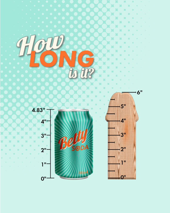 A quirky size comparison graphic displaying a Tantus VIP Super Soft 7 Inch Silicone Dildo - Copper next to a wooden measuring ruler, asking "how long is it?" indicating the length of the silicone dildo is just under 5 inches.