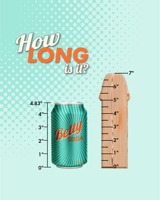 A creative and playful measurement-themed graphic with a Vixen Creations Vixen Buck Realistic 6 Inch Vixskin Silicone Dildo - Chocolate labeled "betty soda" beside a ruler, asking "how long is it?" to compare the girth of the can against the scale.