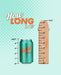 Graphic comparing the height of a "Colours Pride Edition Rainbow Silicone 8.5 Inch Dildo" can to a wooden ruler, showing the can at approximately 4.83 inches tall. The background is turquoise with a dotted pattern and text reading