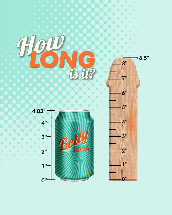 A graphic comparing the height of a Paxton Powerful Vibrating Rotating 8.5" Realistic App Controlled Dildo to a wooden ruler, with the vibrator measuring 4.83 inches tall, showcased against a dotted teal background with the text "How long is it? - Honey Play Box