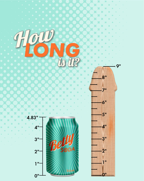A colorful graphic comparing the height of a 'NS Novelties Colours Dual Density 9.5 Inch Silicone with Balls - Vanilla' can of 'betty soda' to a wooden ruler, with a playful question "how long is it?" suggesting measurement as the.