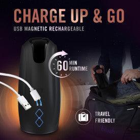 An image features a black Lickety Split Rechargeable Vibrating Thumping Stroker Silicone by Blush, labeled with "60 min runtime." It is shown with a charging cable and an open travel bag. The background highlights the phrases "Charge Up & Go" and "Travel Friendly," emphasizing its convenient Lickety Split vibrating speeds for easy use.